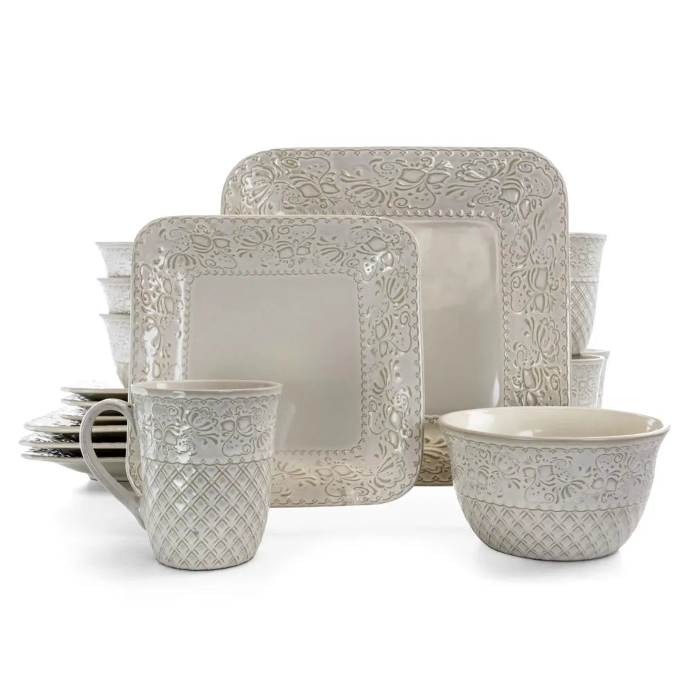 Ivory Lotus 16 Piece Square Stoneware Dinnerware Set Plate Sets