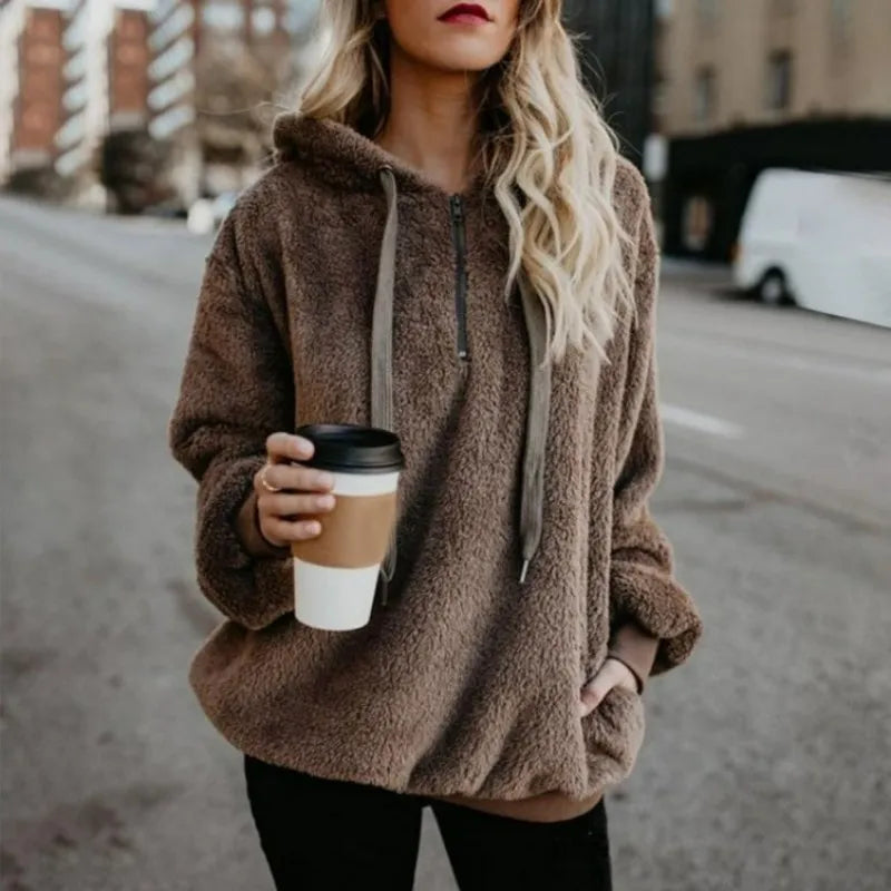 Autumn Winter Hoodies Long Sleeve Warm Coat Pullover Sweatshirt Plush Turtleneck Zipper Neck Women Fluffy Loose Hooded Outerwear