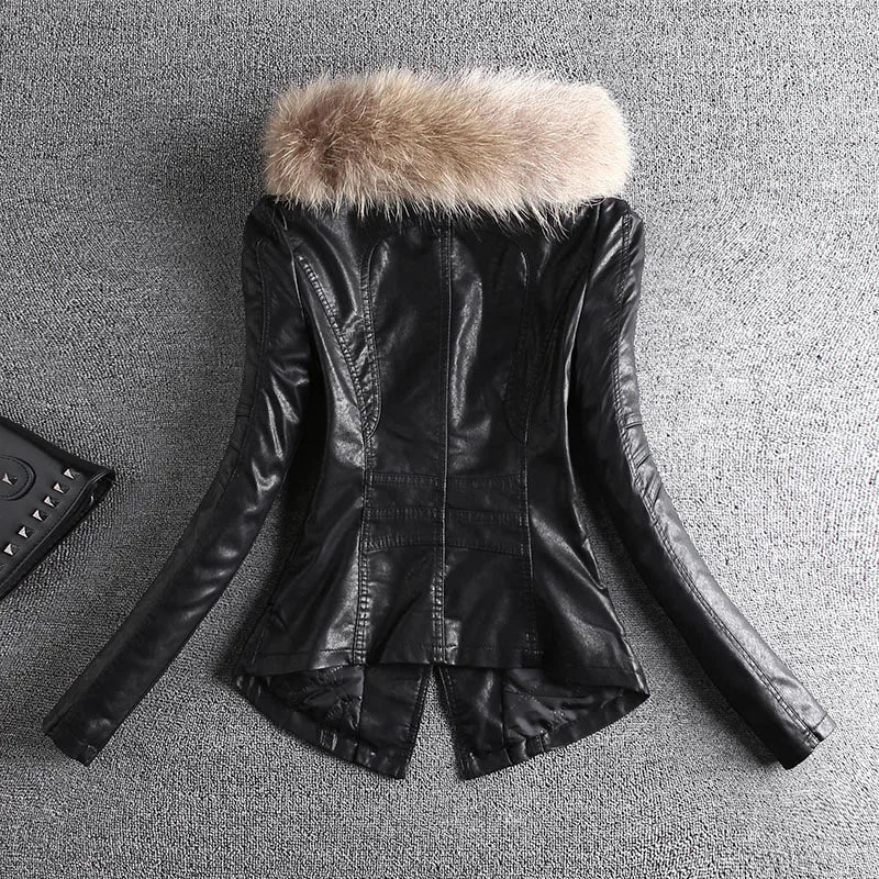 2023 Spring Autumn Real Fur Leather Jacket Women Small Coat Slim-Fit PU All-Match Casual Motorcycle