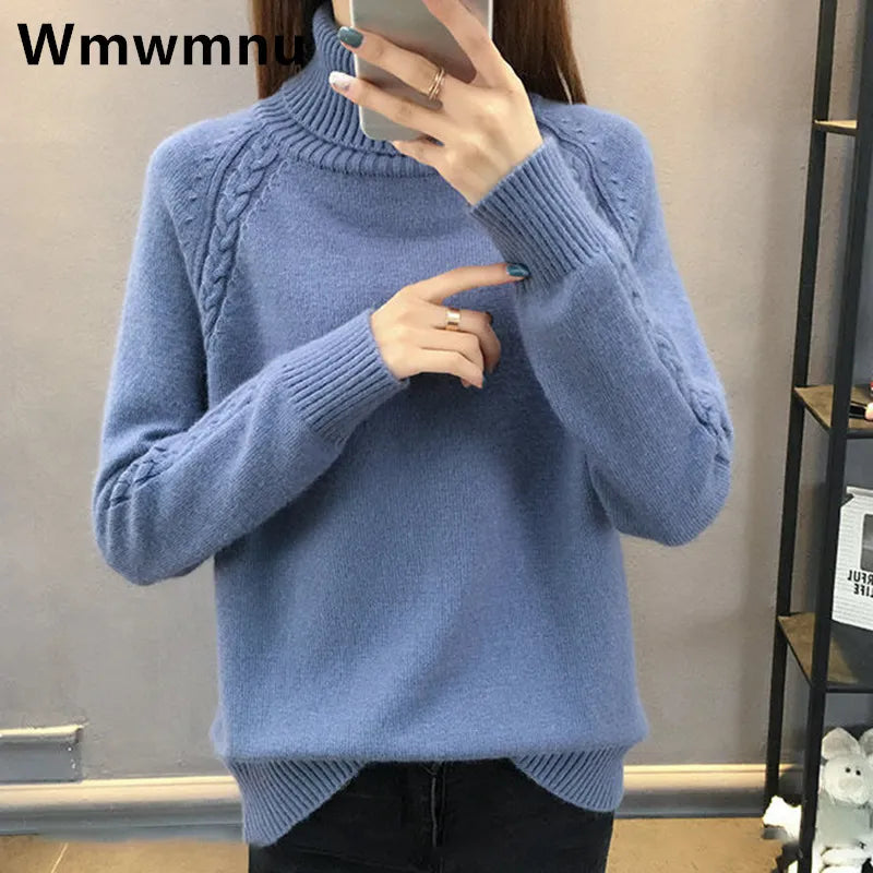 Women's Turtleneck Sweater Fall Winter New Loose Warm Knit Pullover Tops Candy Colors Knitwear Jumper Korean Soft Casual Poleras