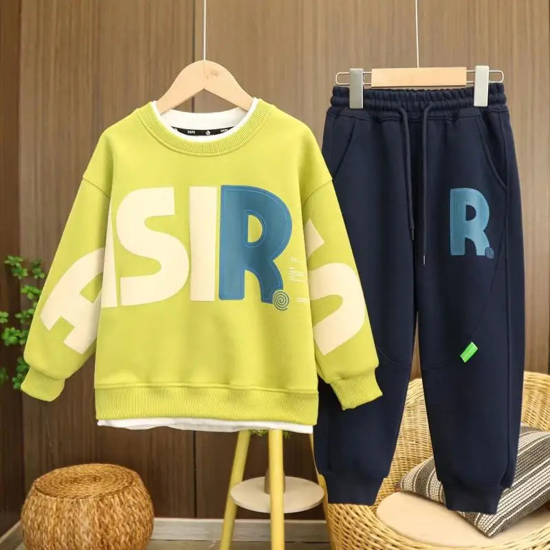 Korea Style Autumn Casual Kids Clothes Boy Set Teenage Letter Print Pullover Sweatshirt Top and Jogger Pants Suit Kids Tracksuit