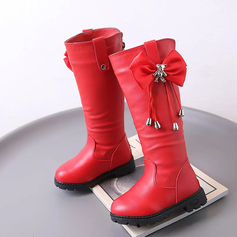 New Girl Canister Boots With Velvet High Help Bowknot Warm Shoeschildren's High Boots Parent-child 2023 Kid's Red Black Boats