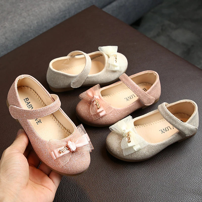 Girls PU Leather Shoes Kids Children Princess Lace Bowknot Sparkling Shoes Spring Autumn Baby Casual Party Flats