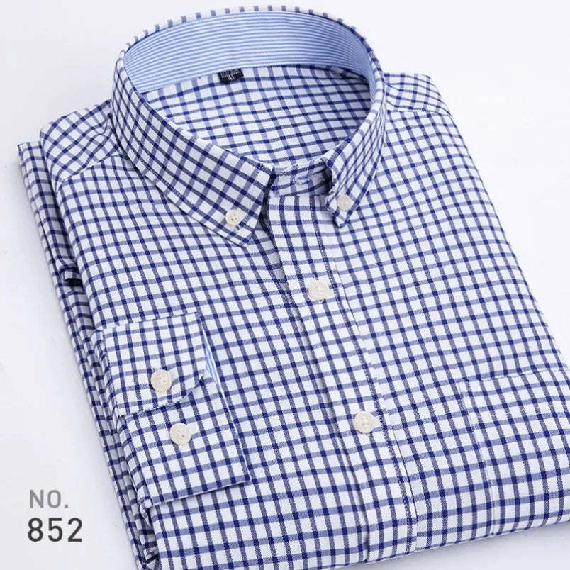 Mens Striped Plaid Oxford Spinning Casual Long Sleeve Shirt Comfortable Breathable Collar Button Design Slim Male Business Dress