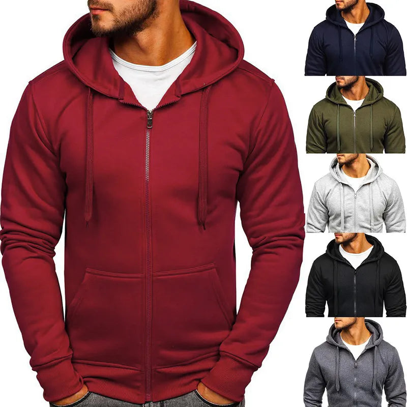 Fashion Winter Hoodie Coat For Men Solid Color Jacket Basic Zip Sweatshirt Outwear Sweat Hooded Warm Coats Casual Male Jackets