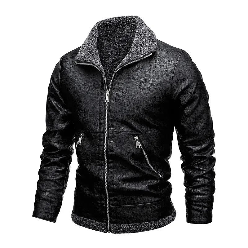 Winter Fleece Warm Coat Men Biker Leather Jacket Lapel Zipper Thick Male Slim Windproof Leather Moto Jacket Motorcycle Outwear