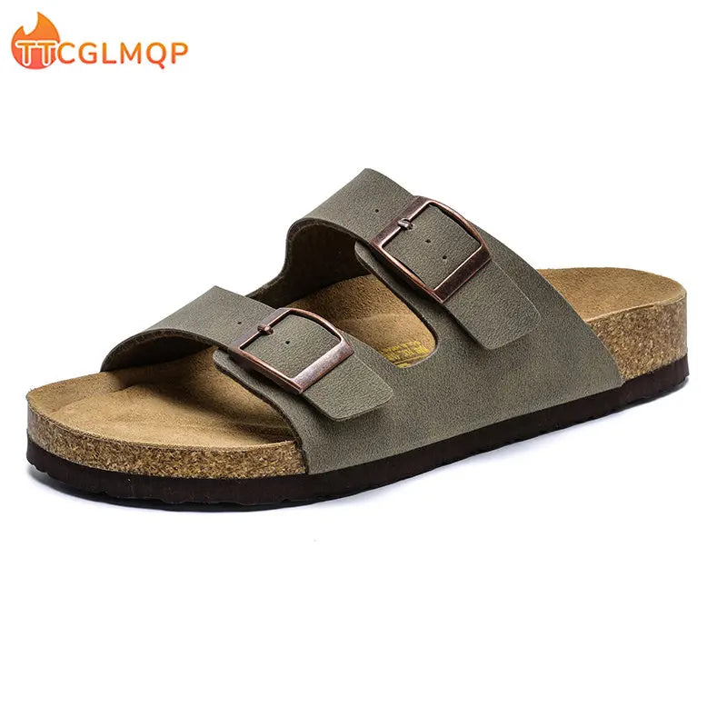 2023 Summer Cork Sandals Men's Flock Faux Suede Mule Clogs Slippers Brown Classic Buckle Cork Slides Slippers For Men Slippers