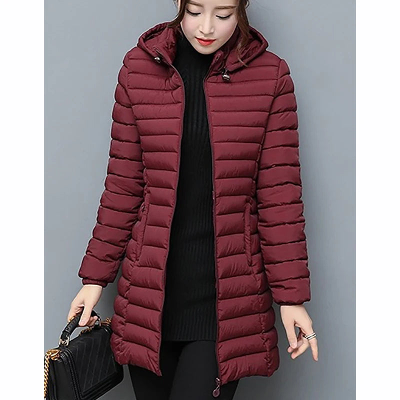 YISOLIFE Women's Lightweight Padded Jacket Mid-Length Winter Jackets with Pockets Quilted Coat with Removable Hood