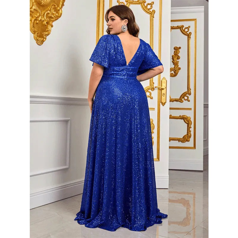 Plus Size Blue Sequins Shiny Maxi Evening Dress 4XL5XL Luxury V Neck Short Sleeve Loose 2023 Summer Plus Size Shiny Dresses