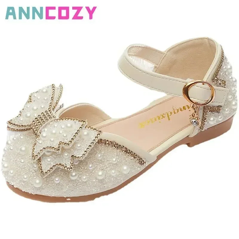 Girls Sandals 2023 Summer Korean Edition New Cute Bow Pearl Sequins Kids Princess Shoes Flat Heels Soft Bottom Dancing Shoes