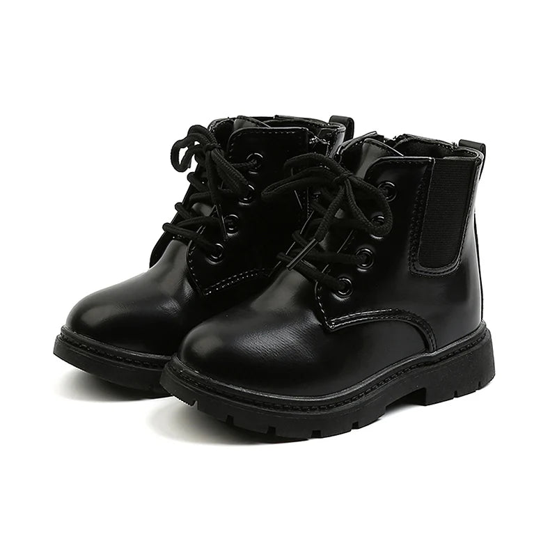 2023 Winter Pu Leather Girls Boots Shoes Rubber Sole Flat With Boys And Kids Boots Shoes Fashion Size 21-30 Girls Baby Boots