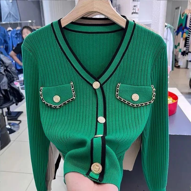 Temperament V Neck Knitting Slim Short Sweaters Spring Autumn New Long Sleeve Button Pullovers Fashion Elegant Women Clothing