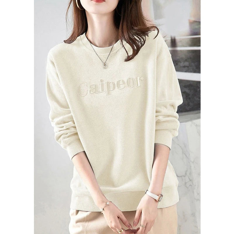 Women Simple Casual Streetwear Letter Embroidery Loose Sweatshirts Autumn Winter Trendy Solid Long Sleeve Fleece Pullover Tops