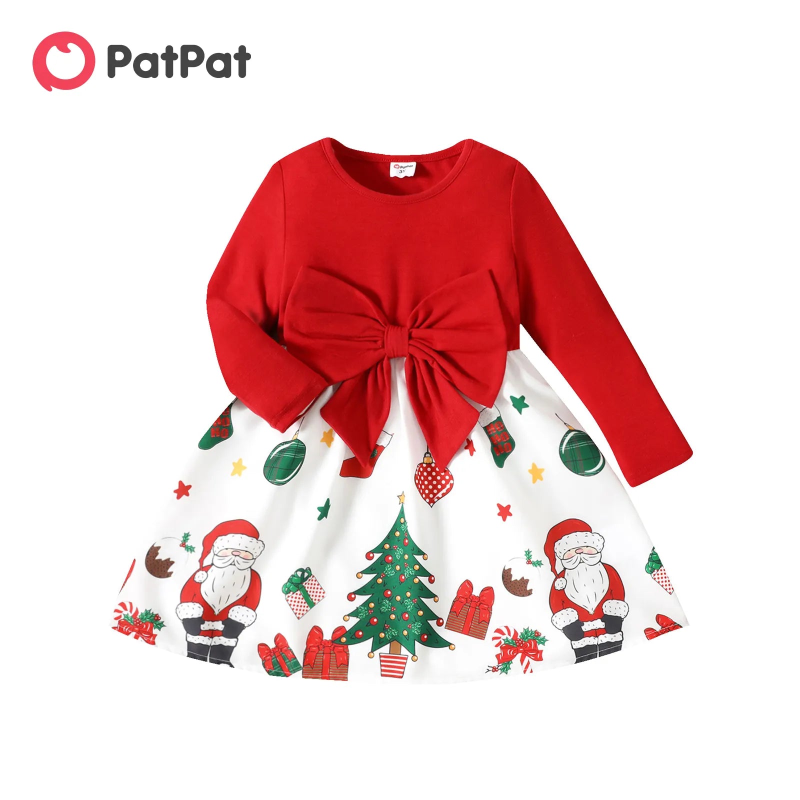 PatPat Toddler Girl Christmas Dress for Girls Santa Claus Graphic Bowknot Design Splice Long-sleeve Dresses