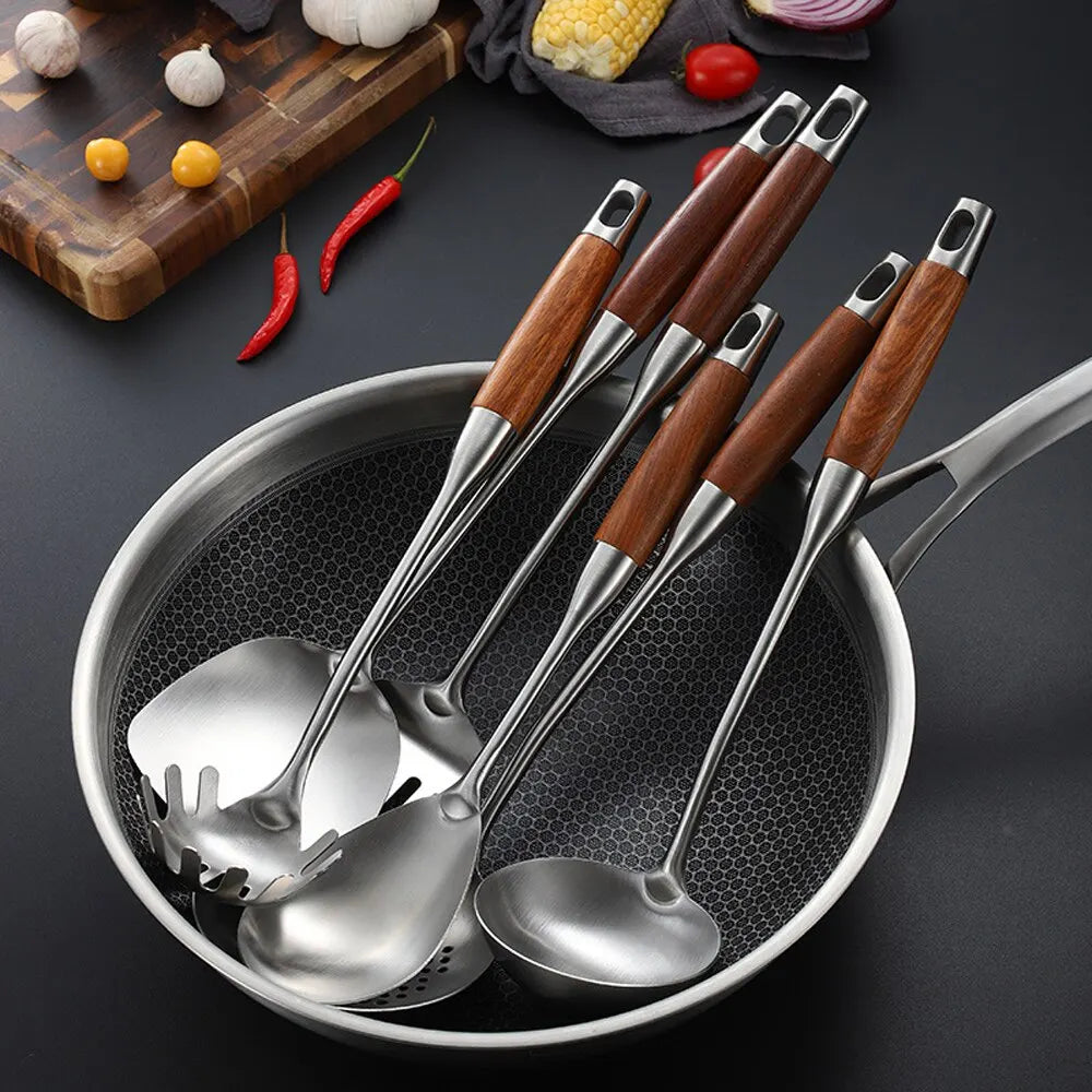 5/6/7PCS Stainless Steel Wok Spatula Wood Handle Cooking Shovel Ladle Kitchen Utensils Baking Cooking Tools Kitchenware Cookware