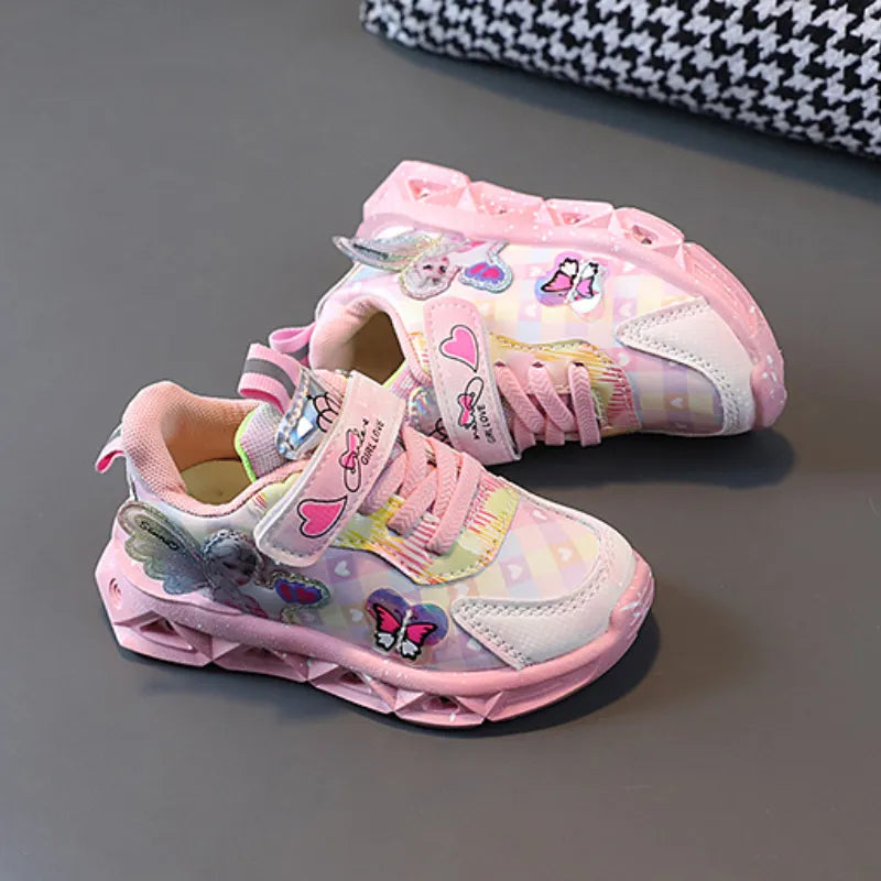 Disney Girls' Casual Shoes Led Light Shoe Leather Fashionable Children's Sports Frozen Princess Elsa Pink Purple Shoes Sneakers