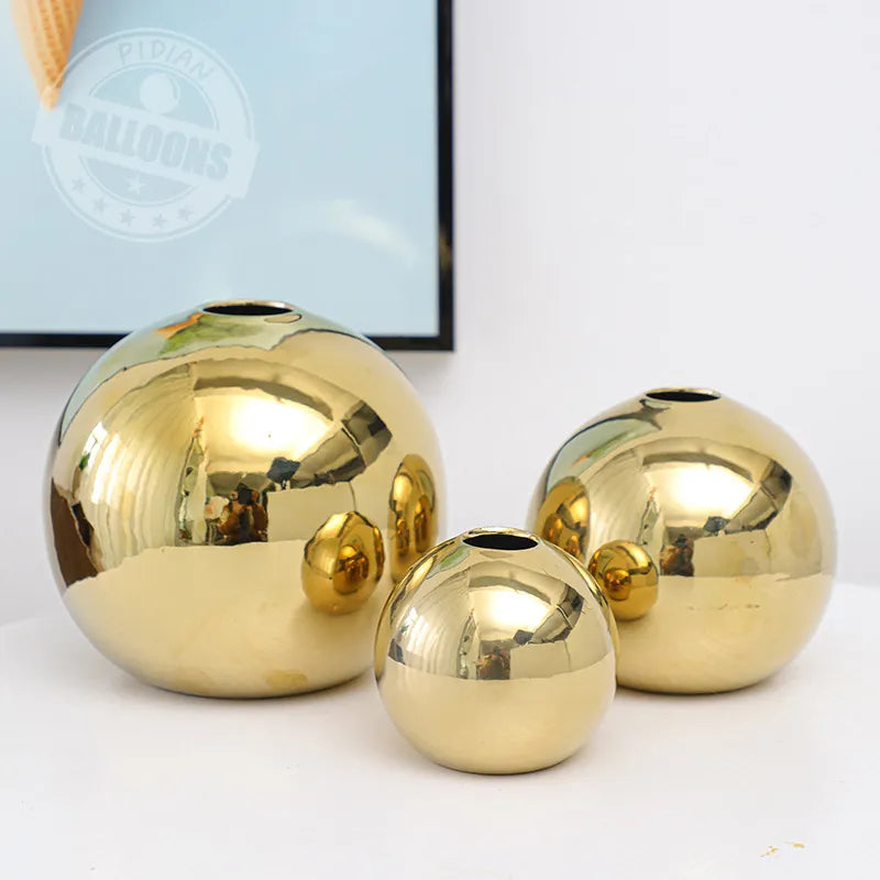 European Style Simple Electroplating Metal Gold Color Round Vase Ornaments Living Room Interior Decoration Home Accessories