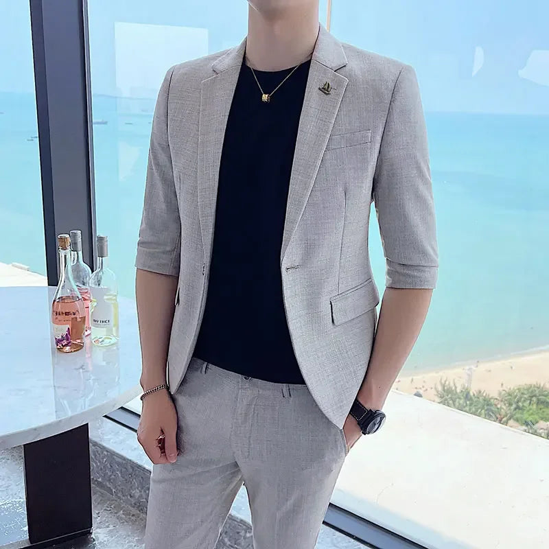 Summer New Men's Wedding Dress Suit Men's Fashion Slim Suit Business Formal Party Half Sleeve 2-piece Barber Casual Suit