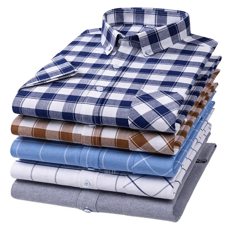 Summer Short Sleeve Shirts for Men 100% Cotton Shirt Soft Oxford Tops Striped Plaid Clothes White Shirt Social Slim Fit Dress