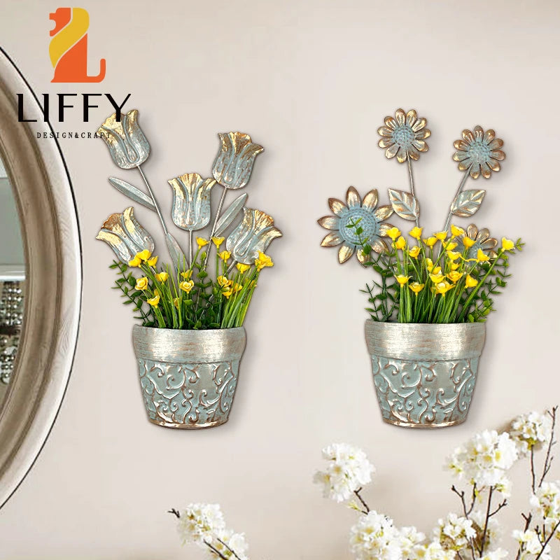 LIFFY Metal Flower Wall Art Hand Hanging Flower Wall Decoration Crafts Sculpture Suitable for Home Living Room Bedroom Warm Gift