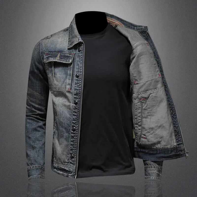 2023High Quality Fashion Trend Handsome Personality Zipper Motorcycle Denim Jacket Jacket Men's Lapel Trend Vintage Denim Jacket