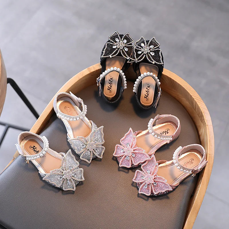 Summer Girls Sandals Fashion Sequins Rhinestone Bow Girls Princess Shoes Baby Girl Shoes Flat Heel Sandals Size 21-35 SHS104