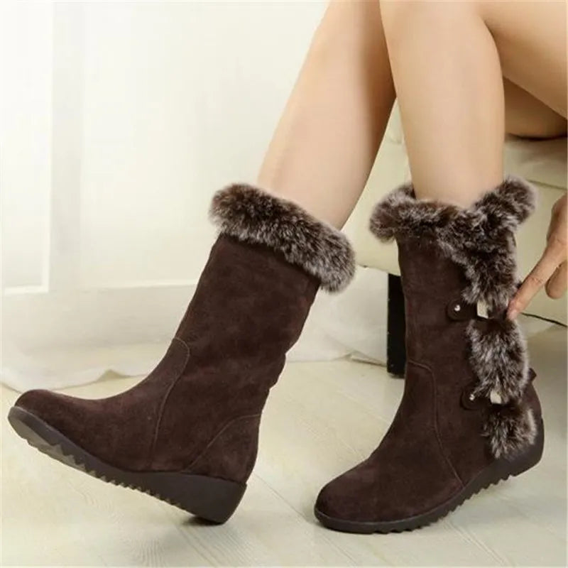 New Winter Women Boots Casual Warm Fur Mid-Calf Boots shoes Women Slip-On Round Toe wedges Snow Boots shoes Muje Plus size 42