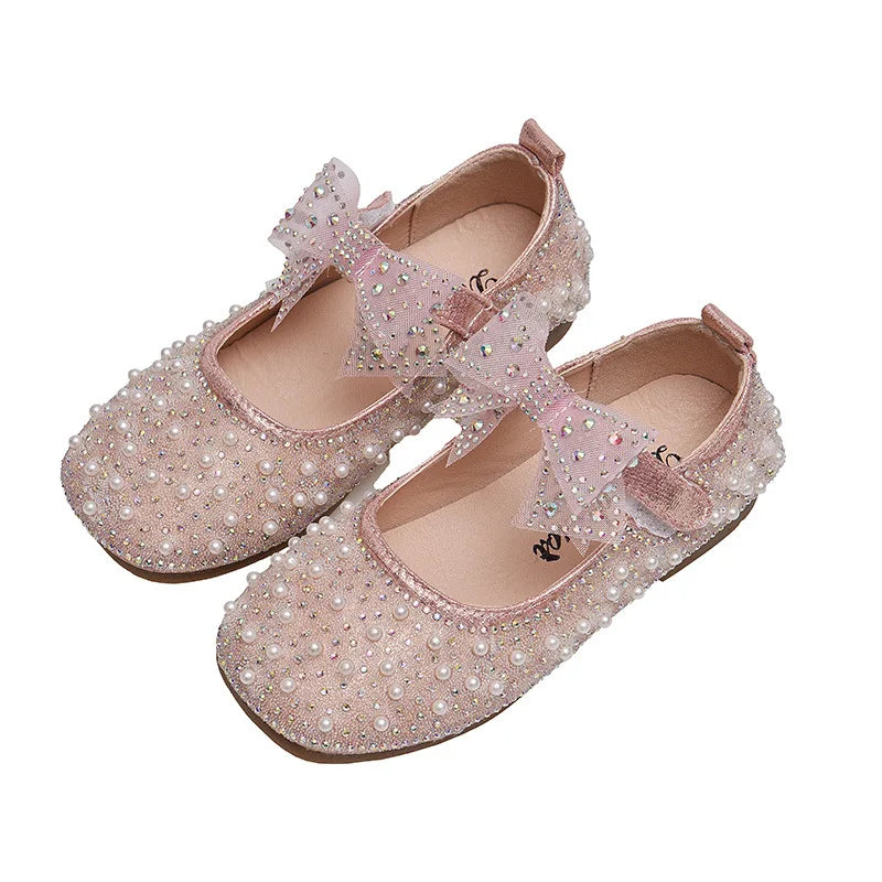 2021 New Girl's Princess Shoes Children's Fashion Bow Rhinestone Sequin Kids Shoe Baby Girls Party Student Flat Leather Shoes