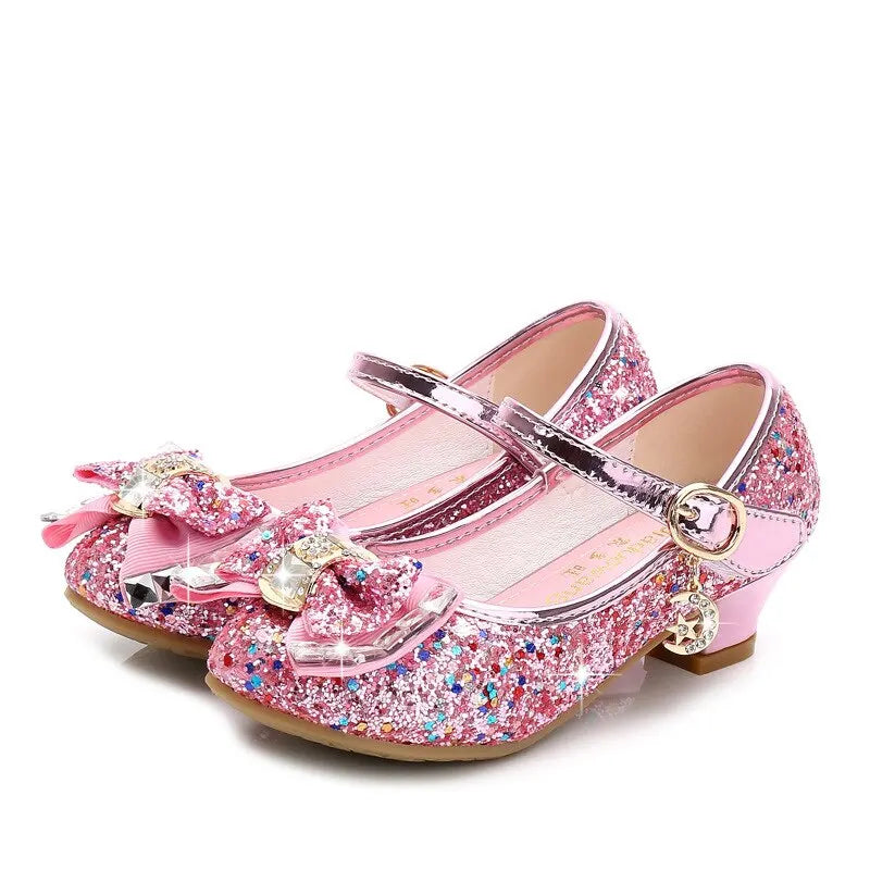 2023 Autumn New Girls' Small 3-14 Years Princess High Heel Leather Shoes with and Bow Decoration Children's Dance Single Shoes