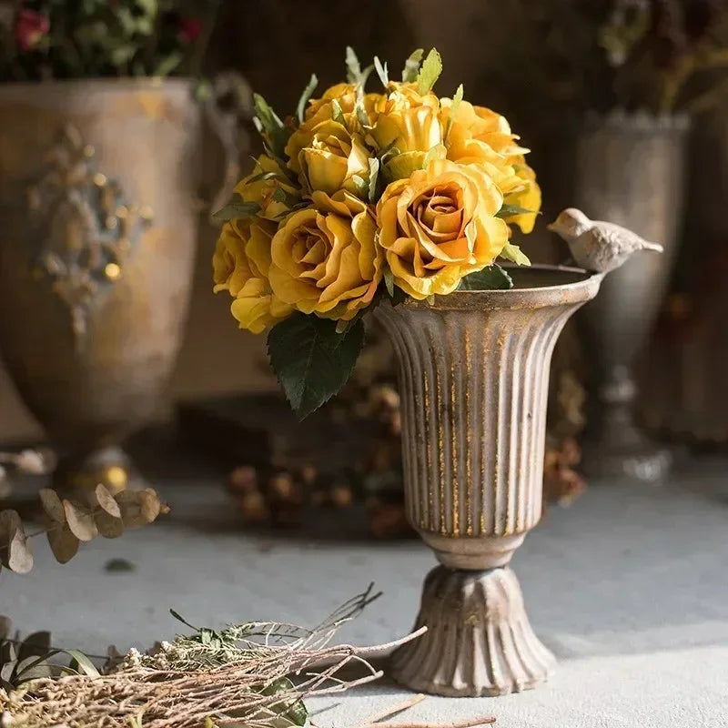 Classical Goblet Flower Vintag Vase Flower Pot Retro Wrought Iron bouquet Arrangement Gold Candlestick Vase table Decorate Home