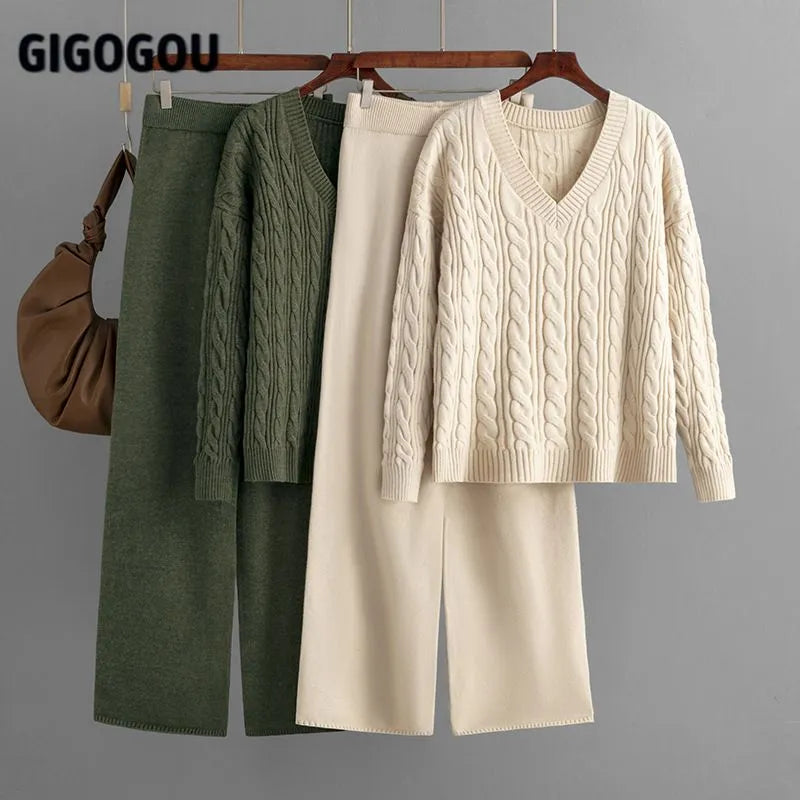 GIGOGOU Cable Twist Womens Sweater Tracksuits V Neck Knitted Pullover Sweaters + Wide Leg Pants Suits 2/Two Pieces Sets Trousers