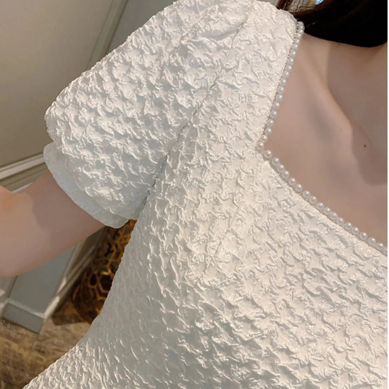 Korean Style White Dress Summer Women's Clothing Wedding Birthday Party Dress Bead Pearl French Retro Prom Skirt Boho Dress