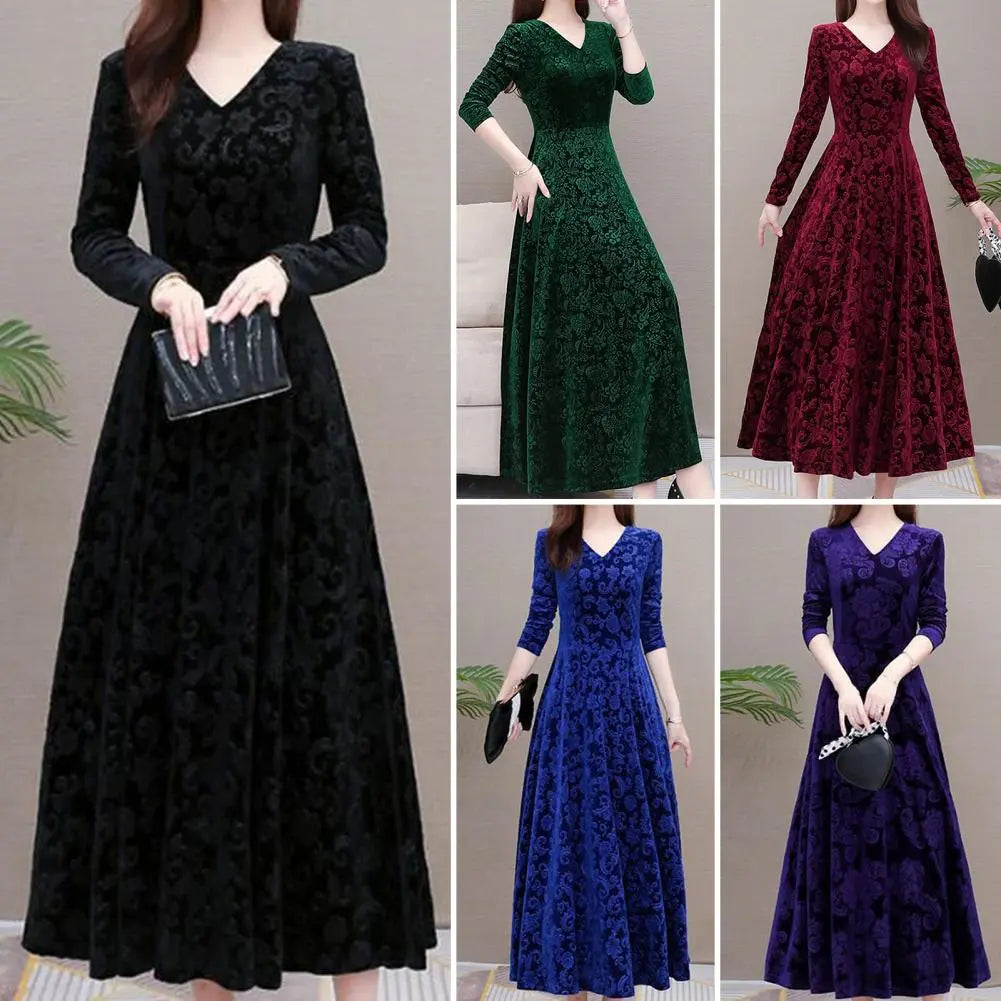 Stylish Comfortable Unique Pattern Pleated Swing Large Hem Pure Color Velvet Dress for Office Party Dress Maxi Dress