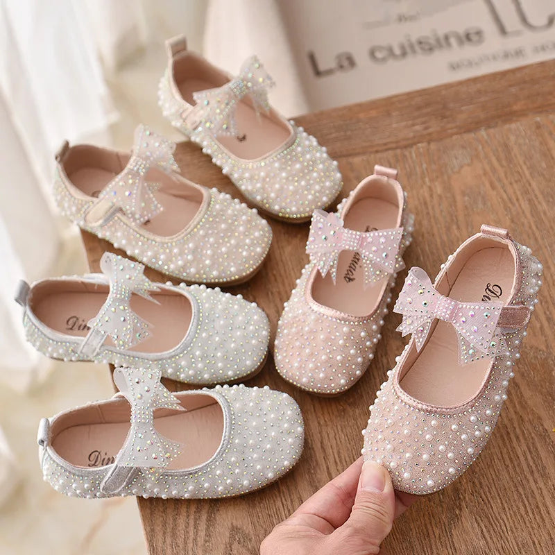 2021 New Girl's Princess Shoes Children's Fashion Bow Rhinestone Sequin Kids Shoe Baby Girls Party Student Flat Leather Shoes