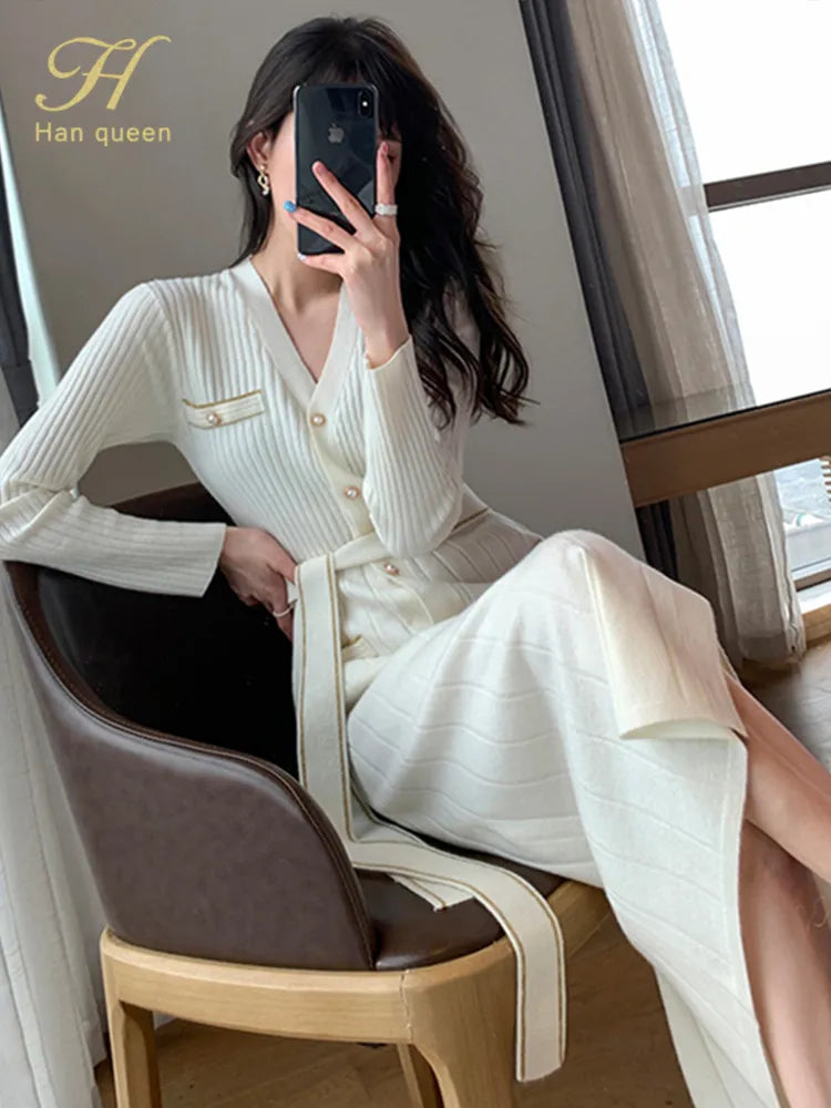 H Han Queen Autumn Single-Breasted Casual Pullover Sweater Vestidos Elegant Simple Office Dress Women's V-Neck A-Line Dresses