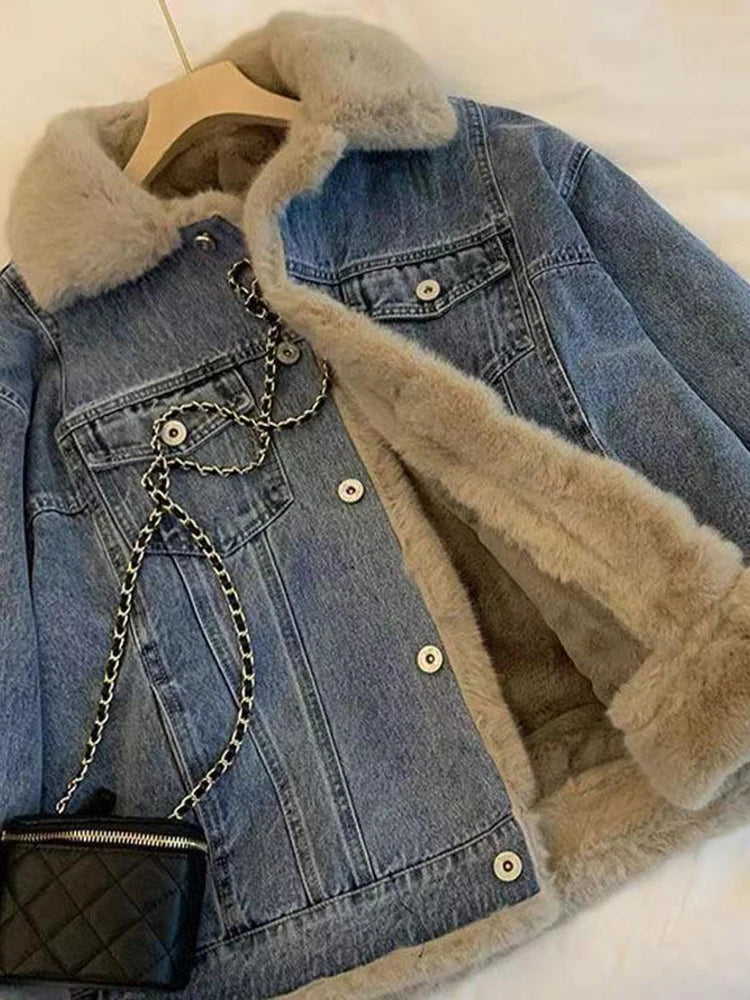 Winter Fleece Thicken Denim Jacket Women Loose Oversized Casual Warm Jeans Coats Wear Fur Collar Long Sleeves Female Clothes