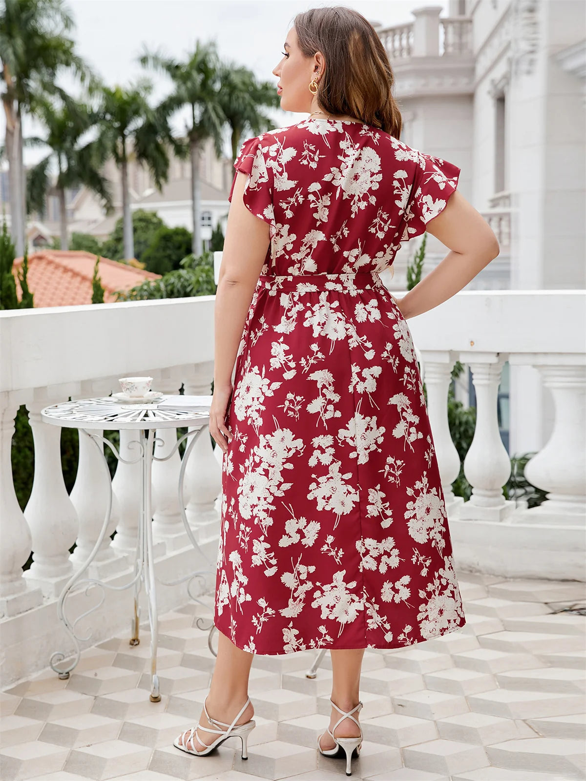 Deep V Floral Print Midi Summer Casual Dress Butterfly Short Sleeve Polyester Elegant Plus Size