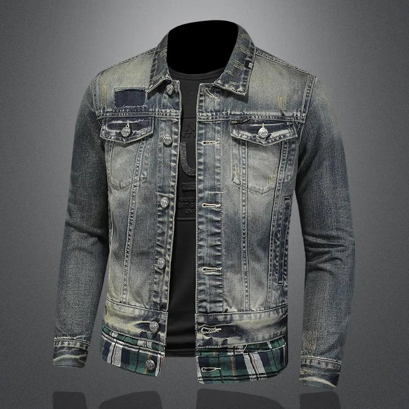 2023High Quality Fashion Trend Handsome Personality Zipper Motorcycle Denim Jacket Jacket Men's Lapel Trend Vintage Denim Jacket