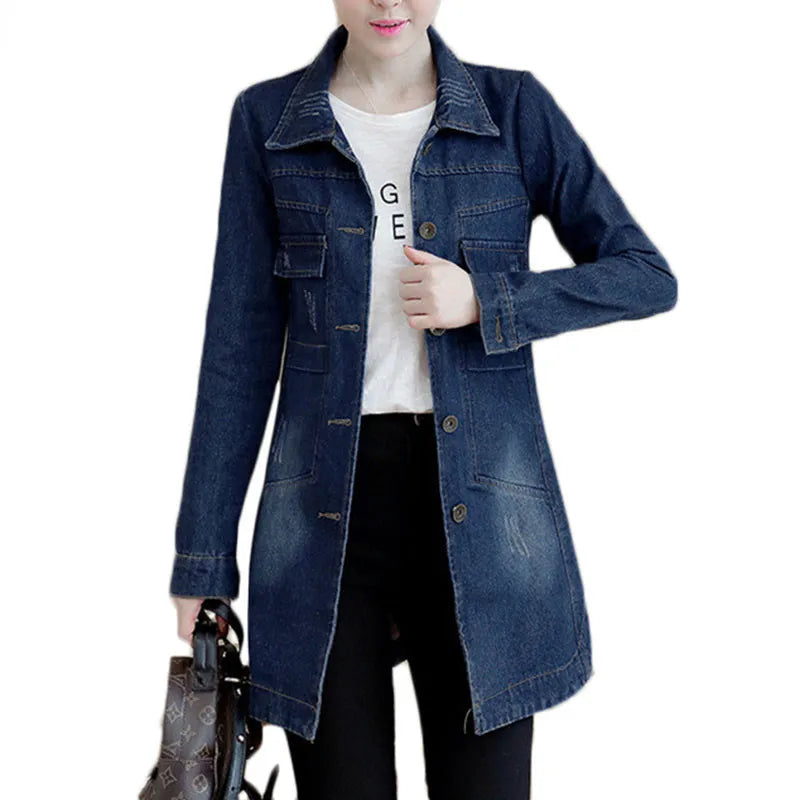 New Autumn Winter Korean Denim Jacket 5XL Women Slim Long Base Coat Women's Frayed Navy Blue Casual Female Jeans Jackets Coats