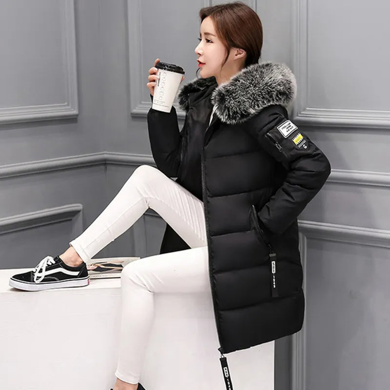 UHYTGF 2023 Winter Women Cold Coat Parkas Mid-length Hooded Padded Women's Jacket Big Fur Collar Warmth Jacket Ladies Outwear