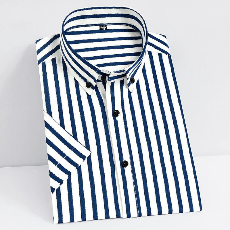 2023  Regular Fit Short Sleeve Strech Striped Shirts for Men Summer Soft Business Men's Dress Shirt Casual