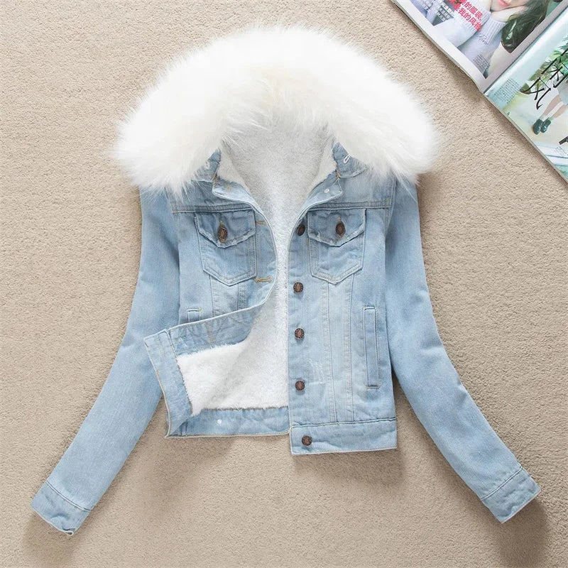 2023 Autumn Winter Fleece Denim Jacket Women Big Fur Collar Short Coat Thicken Velvet Liner Warm Tops Lady Jean Coat Outerwear