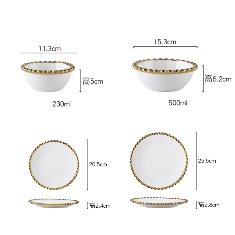 Creative Golden Beaded Side Dinner Plate Nordic Ceramic Plates and Bowls Spaghetti Dishes Dessert Salad Dish Western Tableware