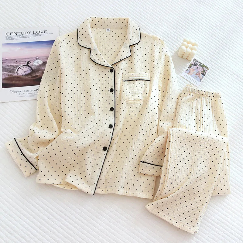 100% Cotton Gauze Winter Women Pajamas Polka Dot Print Sleepwear Autumn Female 2 Piece Set Nightwear Lady Pyjamas Loungewear