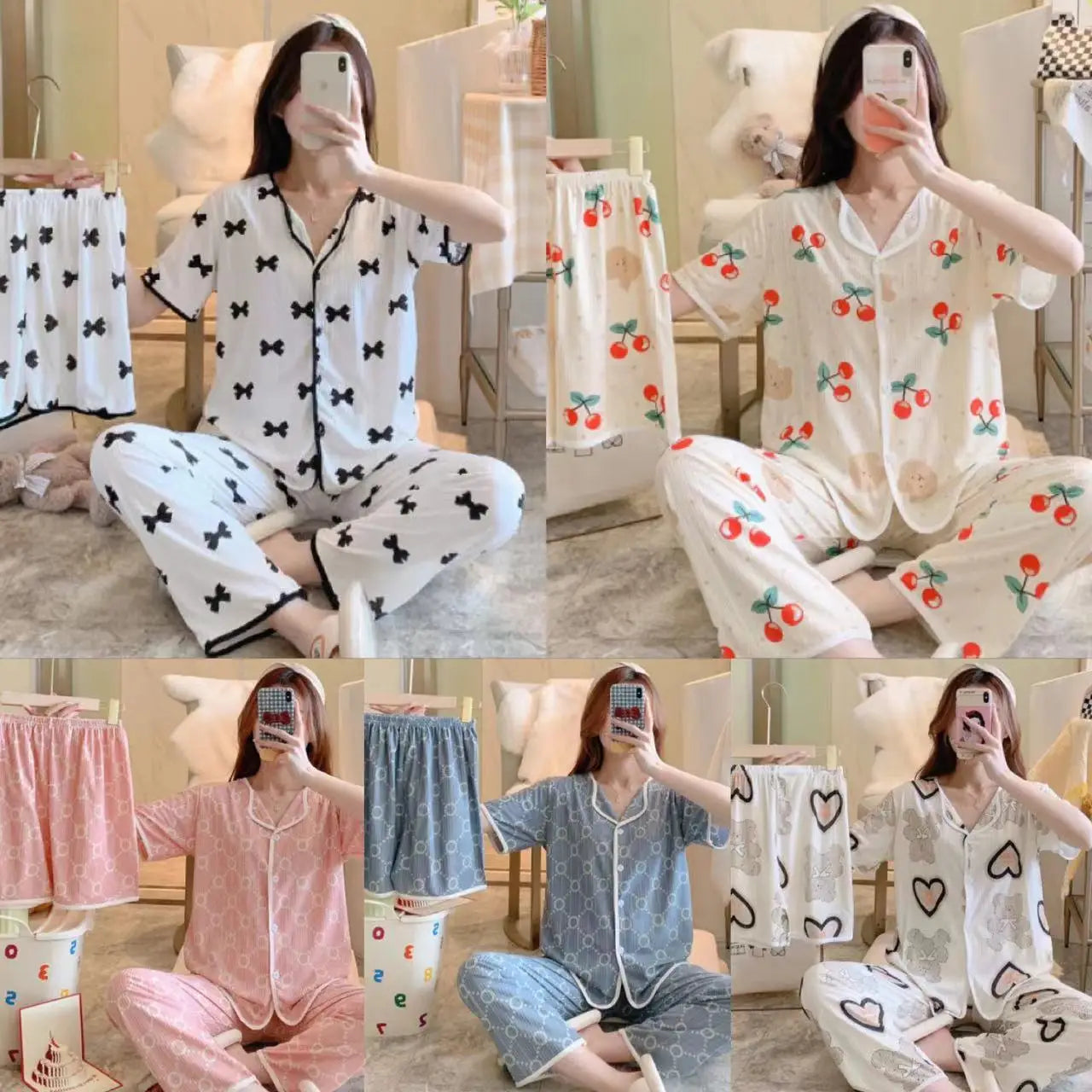 2023 New Ladies Three Piece Pajamas Women Printed Pajamas Home Sets Pajama Sets Cute Girls Homewear