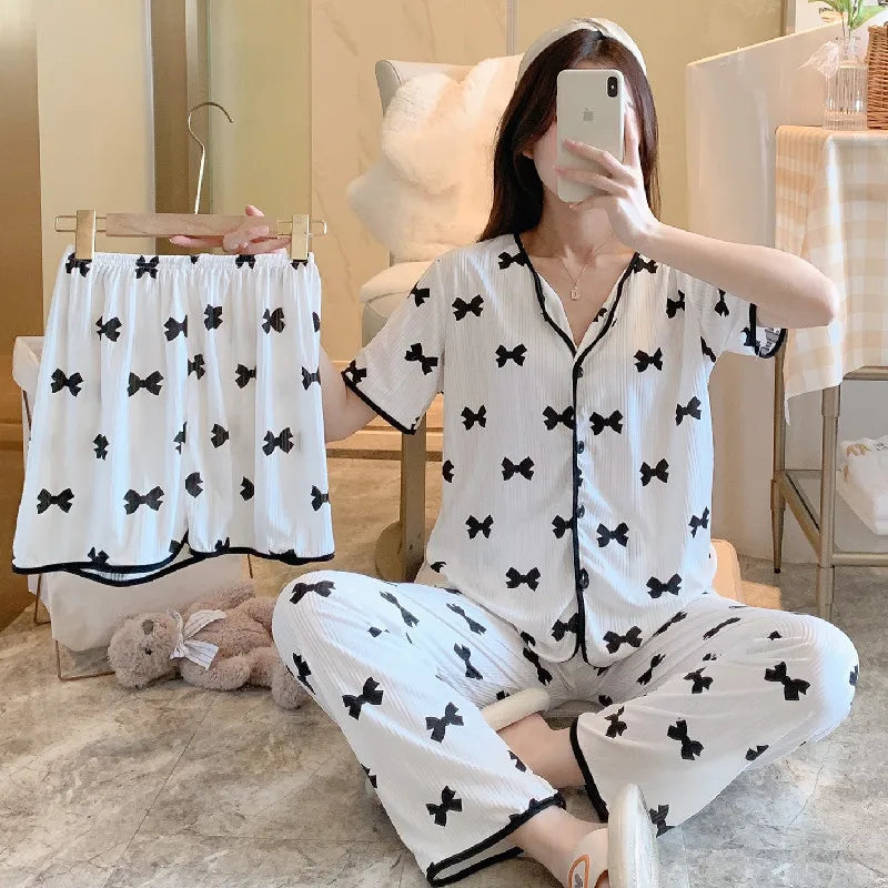 2023 New Ladies Three Piece Pajamas Women Printed Pajamas Home Sets Pajama Sets Cute Girls Homewear