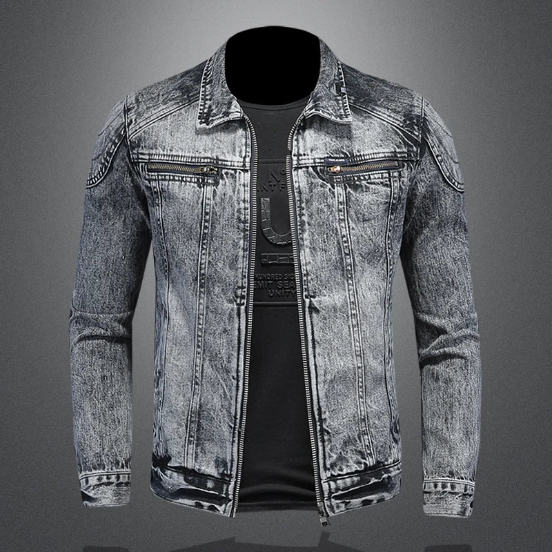 2023High Quality Fashion Trend Handsome Personality Zipper Motorcycle Denim Jacket Jacket Men's Lapel Trend Vintage Denim Jacket