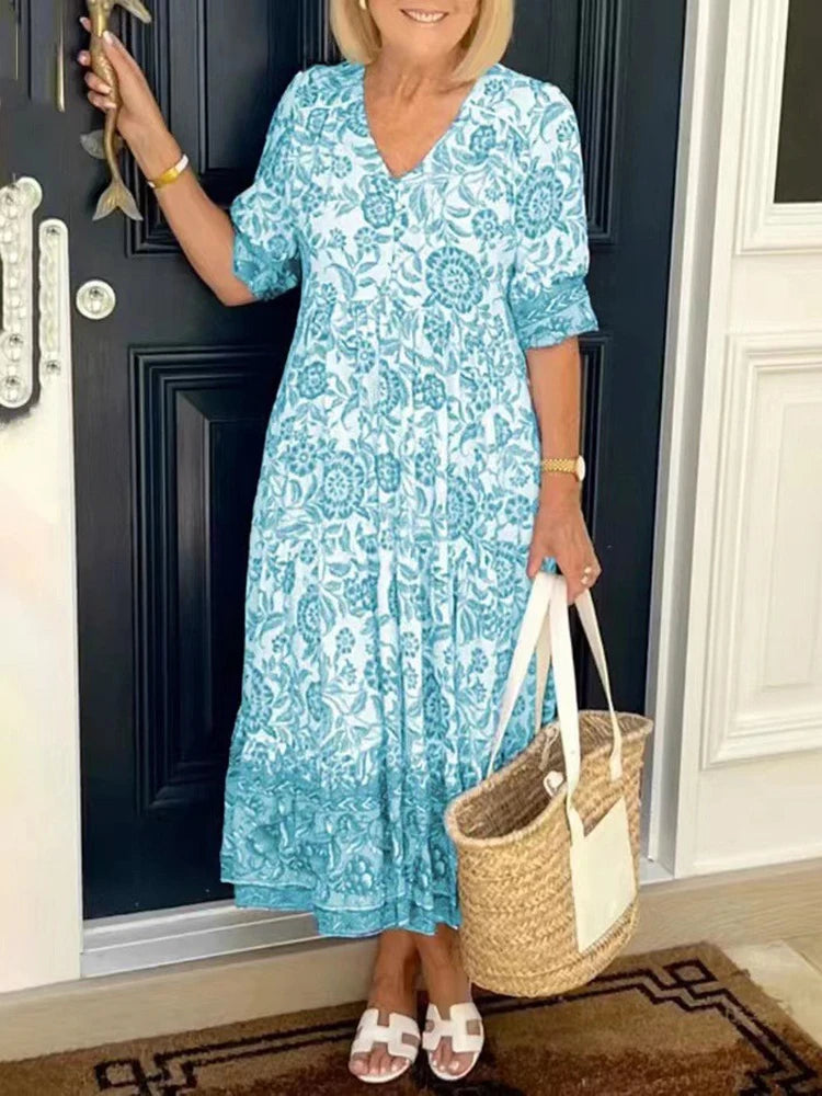 Boho Print Dress Women Summer Long Dress Female Fashion V Neck Half Sleeve Dress Ladies Loose Oversized Beach Party Dress