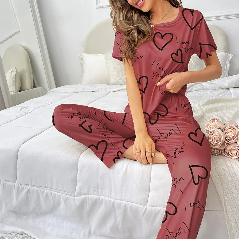 Women Pajama Set Short Sleeve Shirt and Trousers Sleepwear Pyjamas With Eye Mask Loungewear Nightwear Ladie Pijama Home Clothing