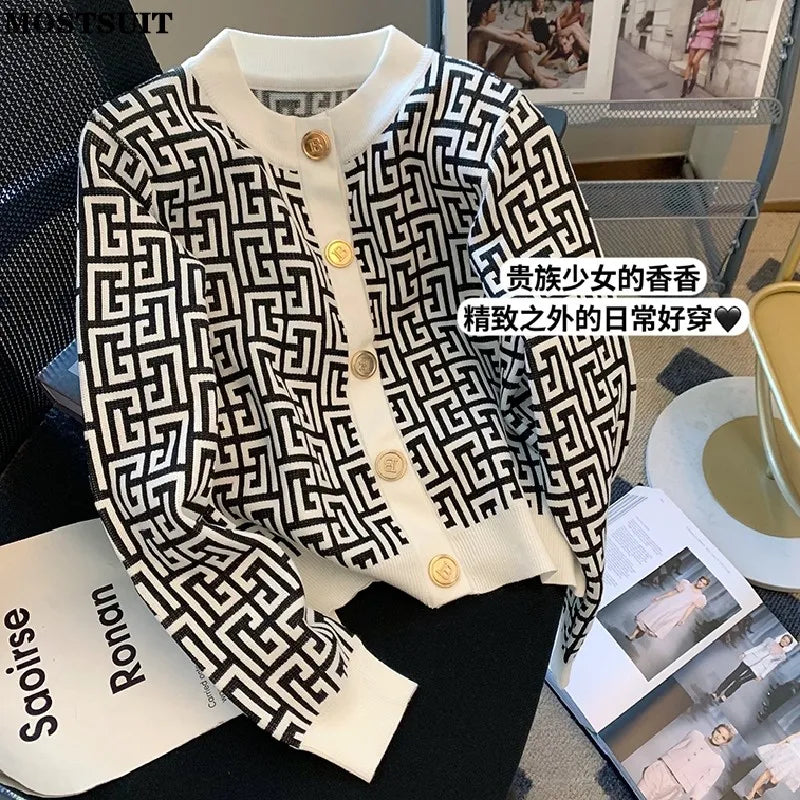 Fashion Jacquard Knitted Women Cardigan Sweater 2022 Autumn Streetwear Korean Vintage Ladies Chic Jumper Tops Long Sleeve O-neck